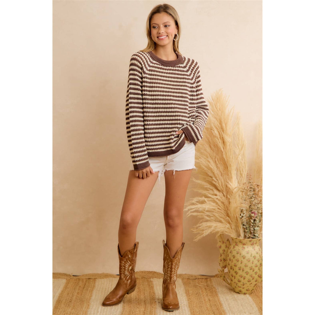 CLASSIC BROWN STRIPED RELAXED FIT KNIT PULLOVER SWEATER