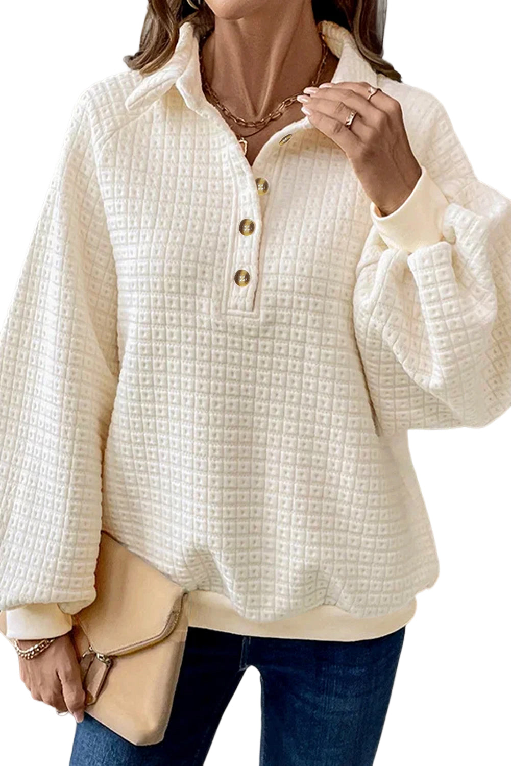 Beige Balloon Sleeve Casual Collared Button Sweatshirt