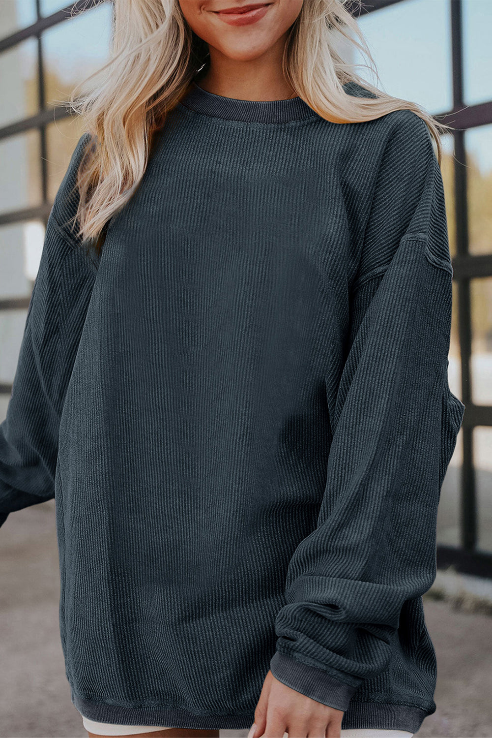 Light Grey Ribbed Corded Oversized Sweatshirt