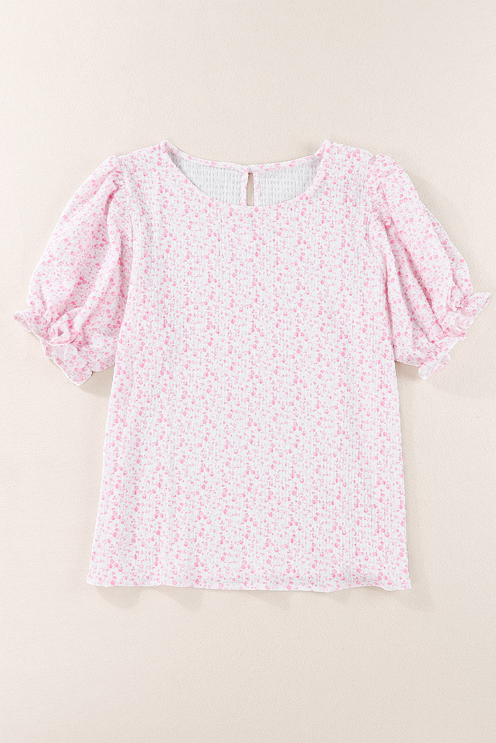 Pink Boho Floral Print Smocked Puff Sleeve Blouse