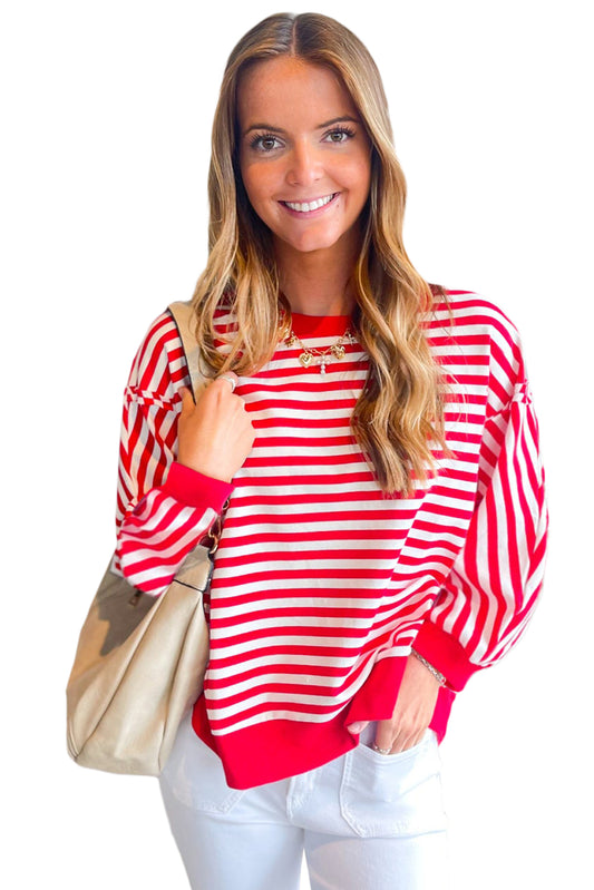 Red Striped Exposed Seam Drop Shoulder Long Sleeve Top
