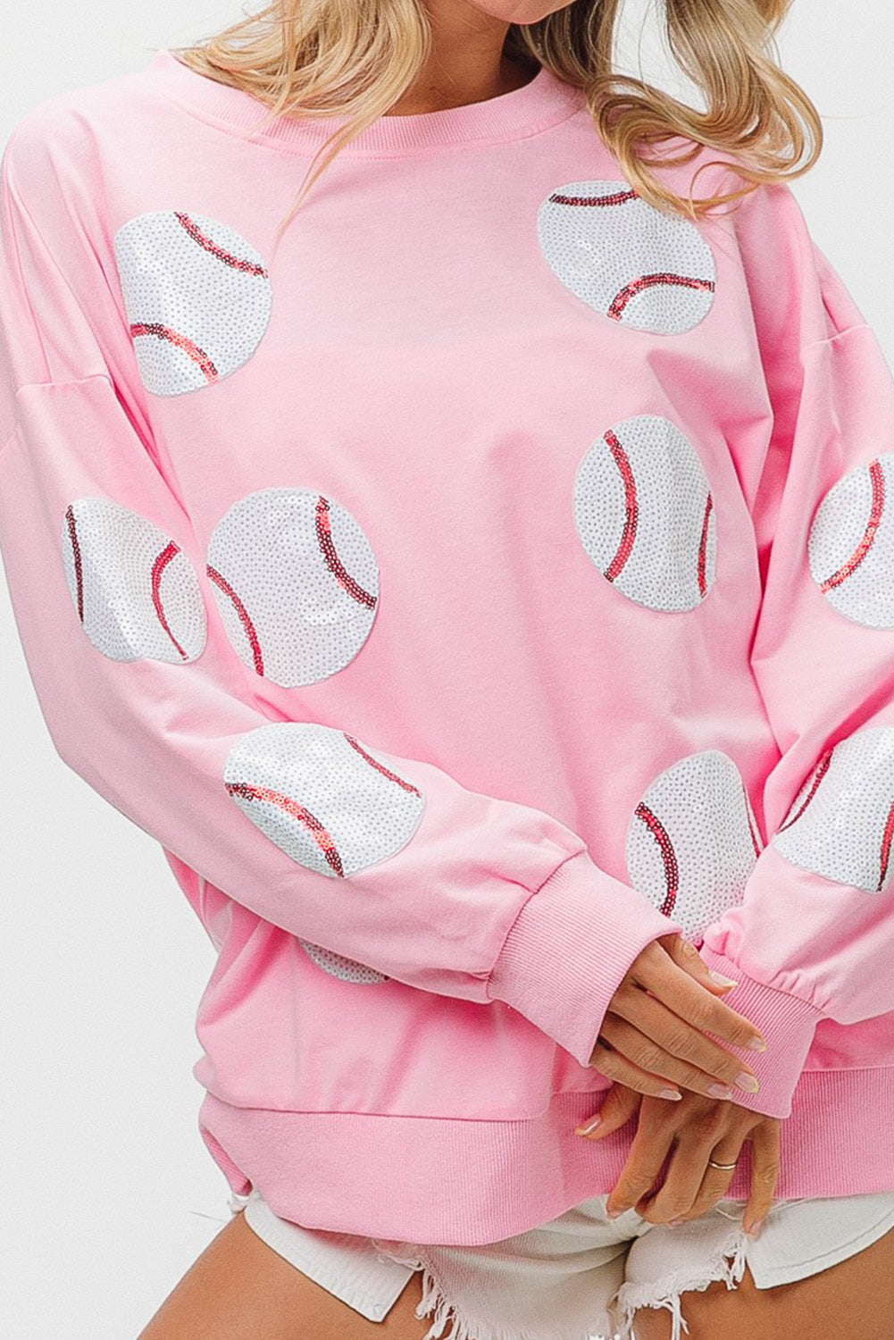 Pink Sequin Baseball Graphic Drop Sleeve Sweatshirt