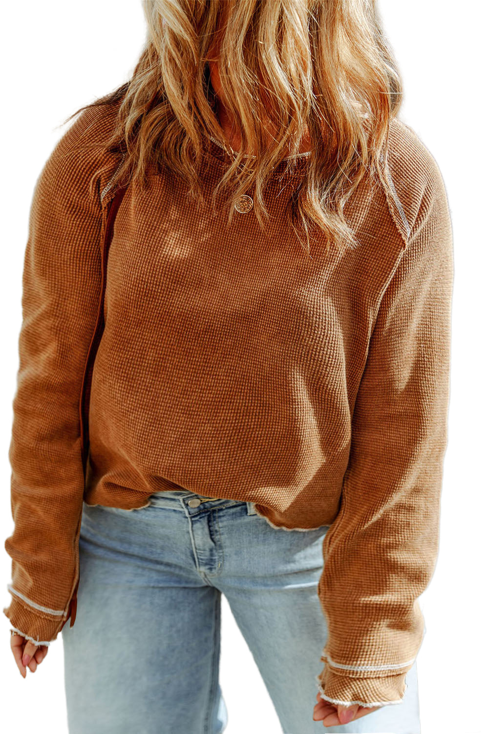 Blue Textured Round Neck Long Sleeve Top