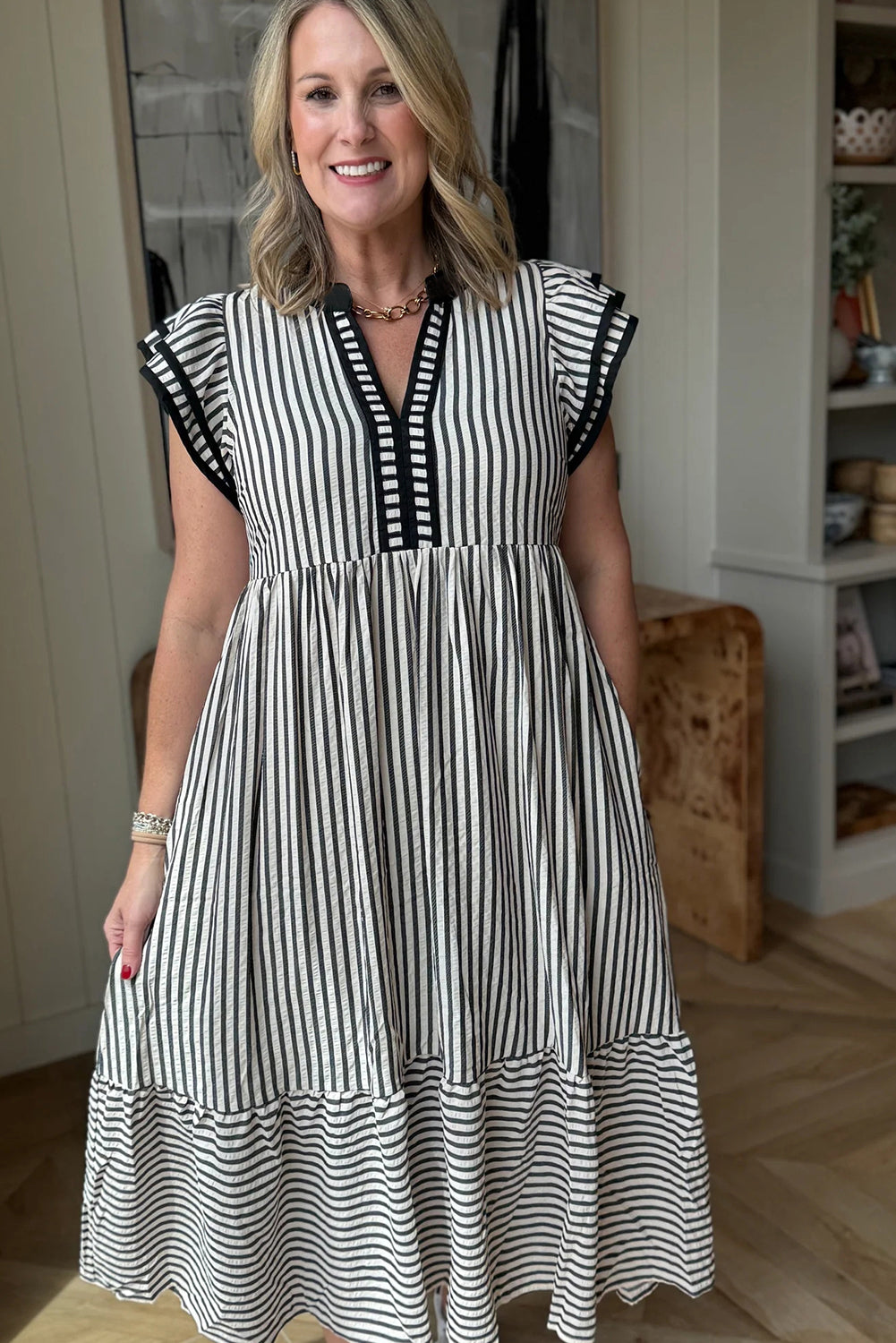 Green Stripe Double Ruffled Short Sleeve Contrast Trim V Neck Midi Dress