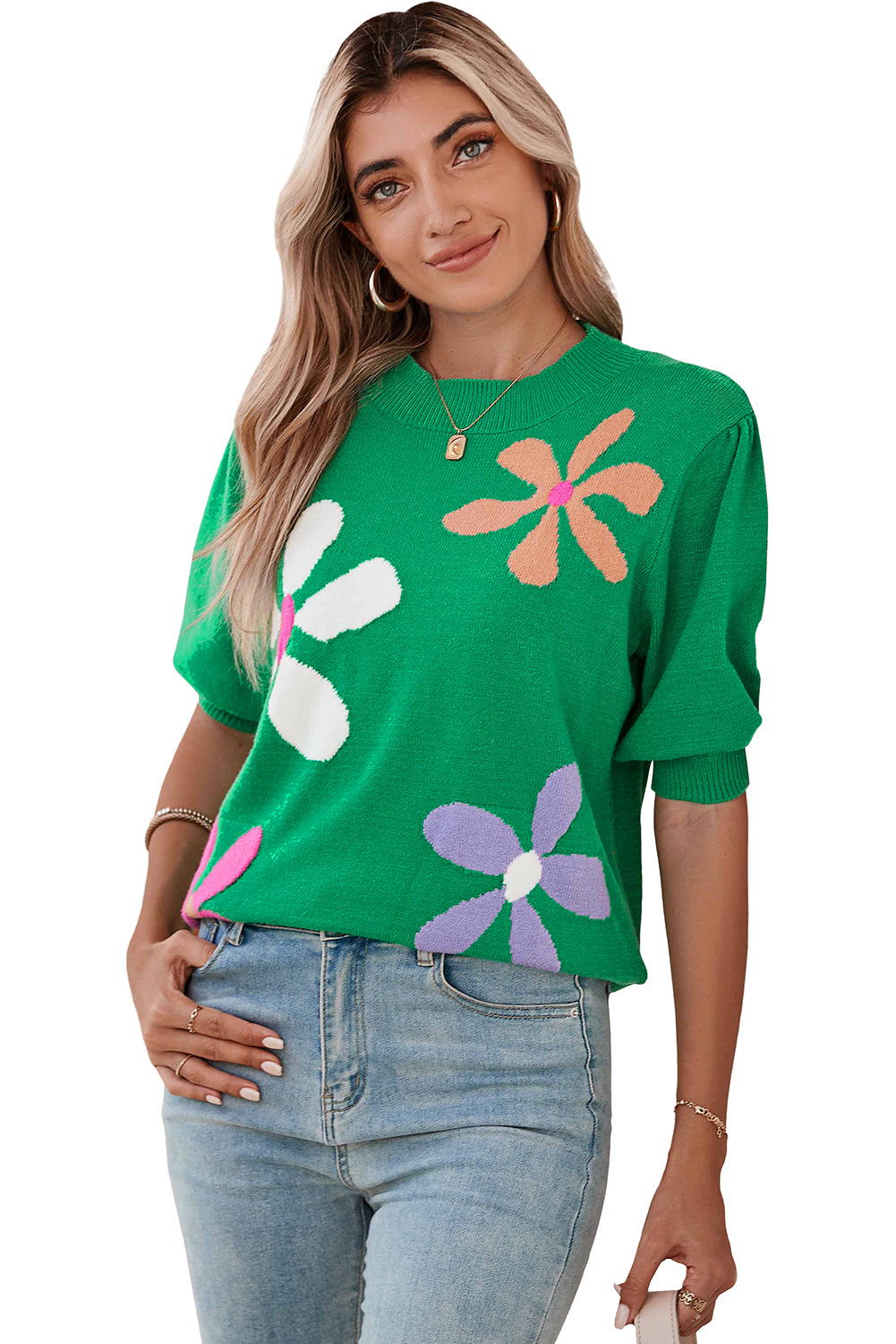 Bright Green Floral Bubble Short Sleeve Knitted Top