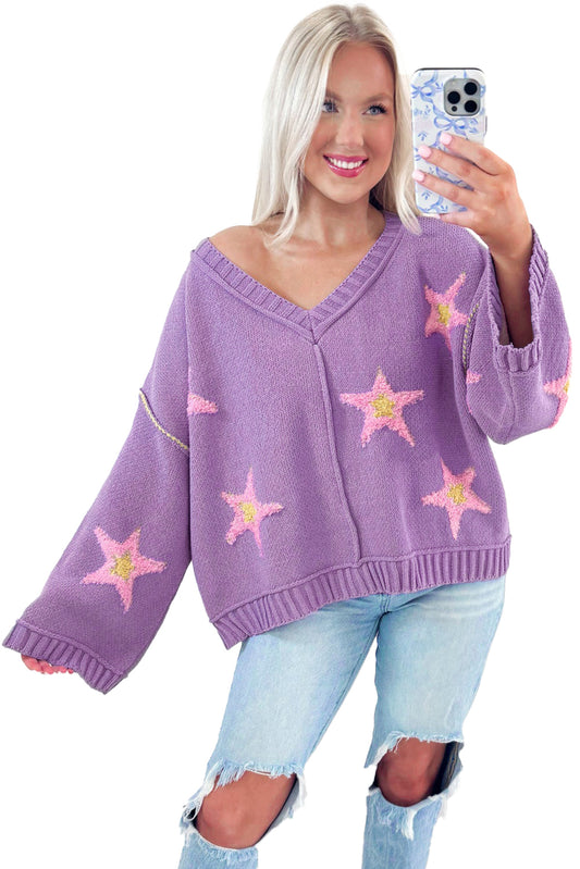 Lavender Brushed Star Graphic V Neck Drop Shoulder Oversize Sweater