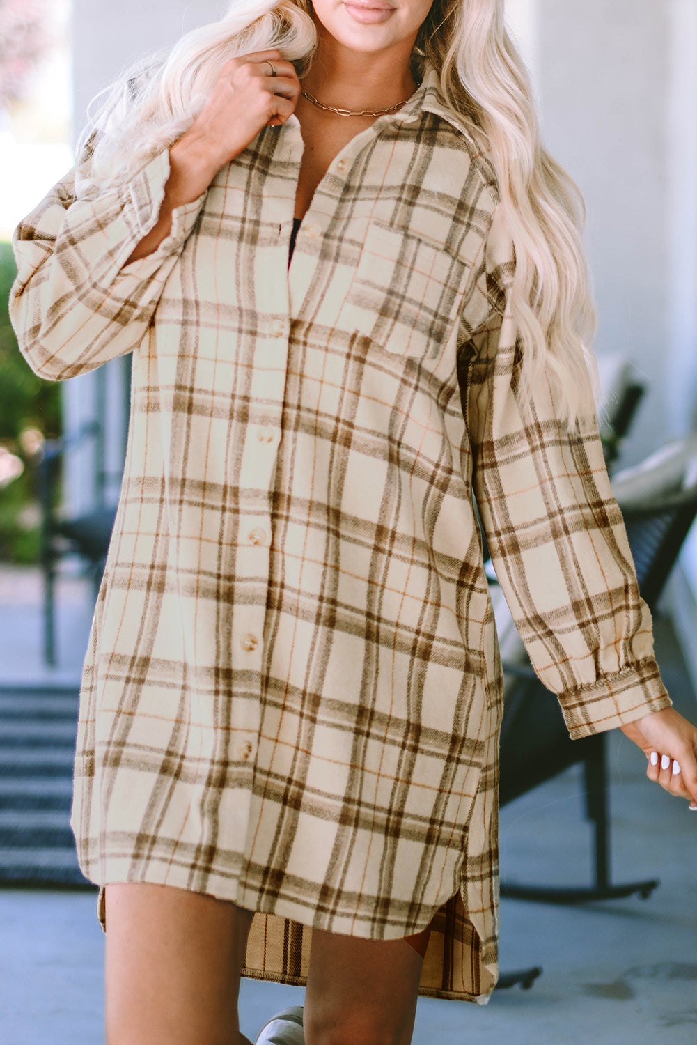 Khaki Plaid Pattern Collared Neck Ruffled Sleeve Shirt Dress