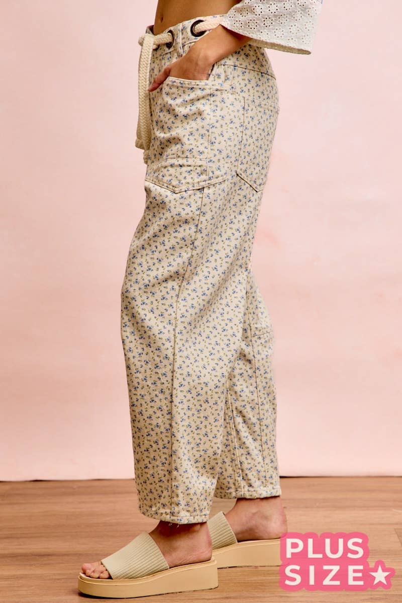 PLUS BRAIDED WAIST BELT PATCH POCKETS FLORAL PRINT PANT
