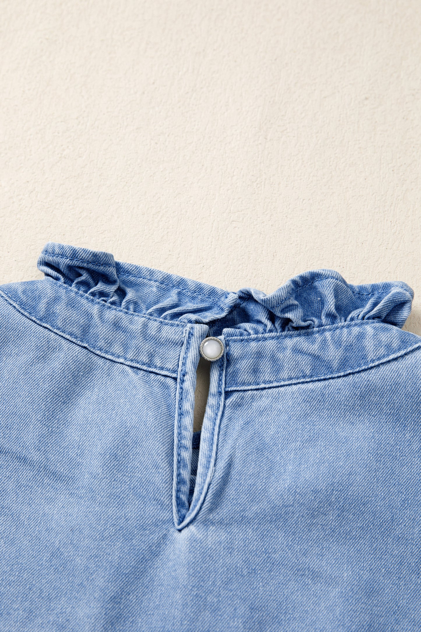 Blue Frilled Collar Flutter Sleeve Denim Top