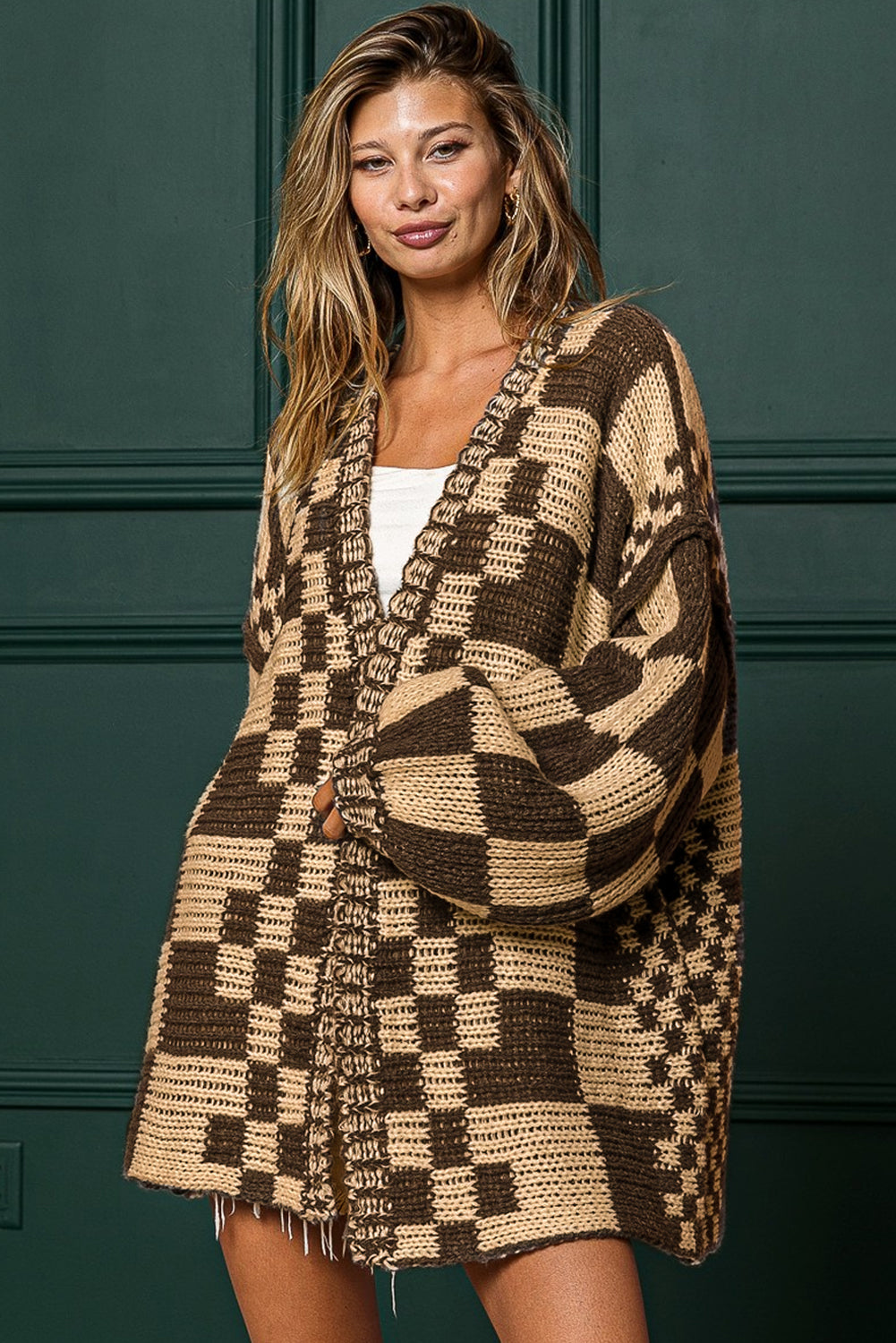 Orchid Petal Colorblock Checked Open Front Knitted Cardigan