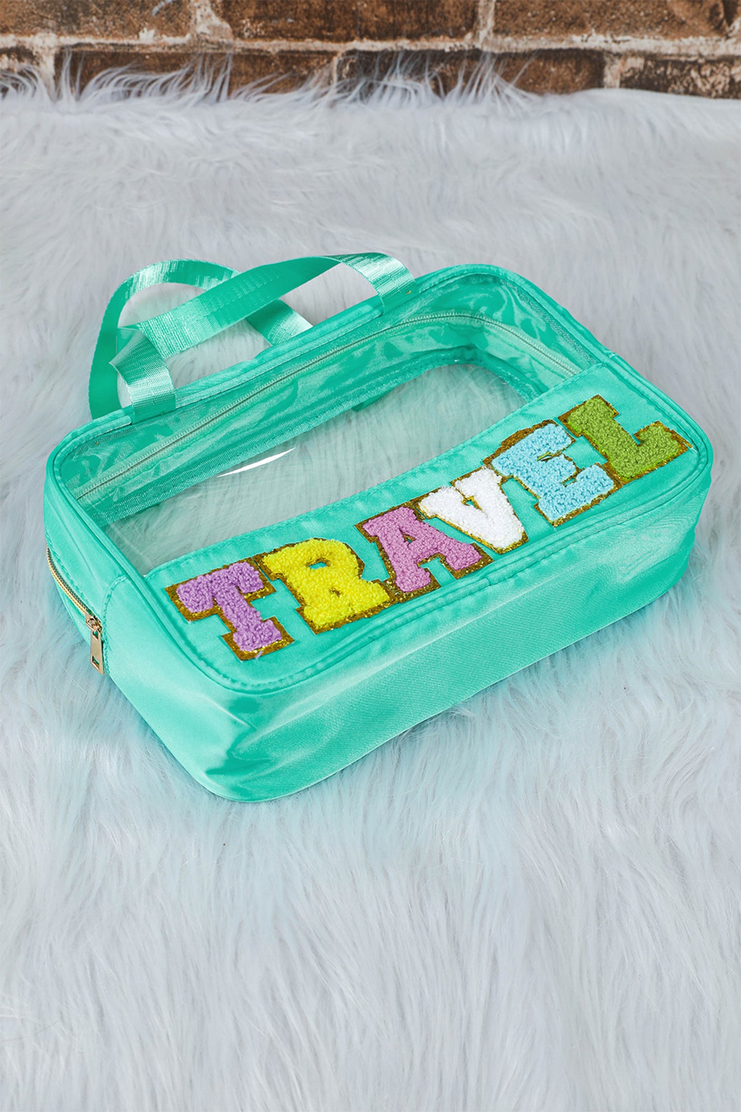 Purple TRAVEL Chenille Letter Clear PVC Makeup Bag