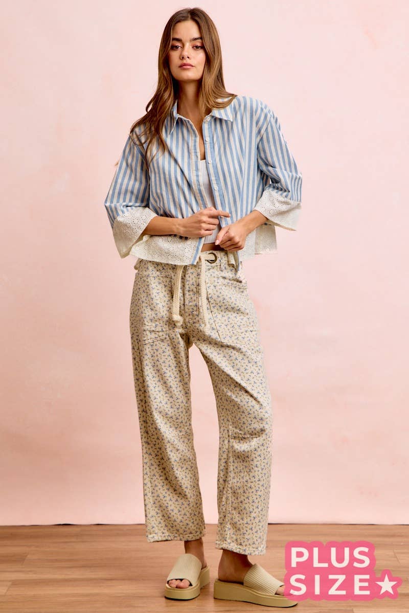 PLUS BRAIDED WAIST BELT PATCH POCKETS FLORAL PRINT PANT