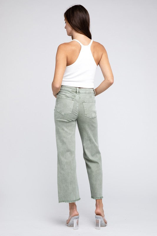 Acid Wash Frayed Cutoff Hem Straight Wide Pants Zenana