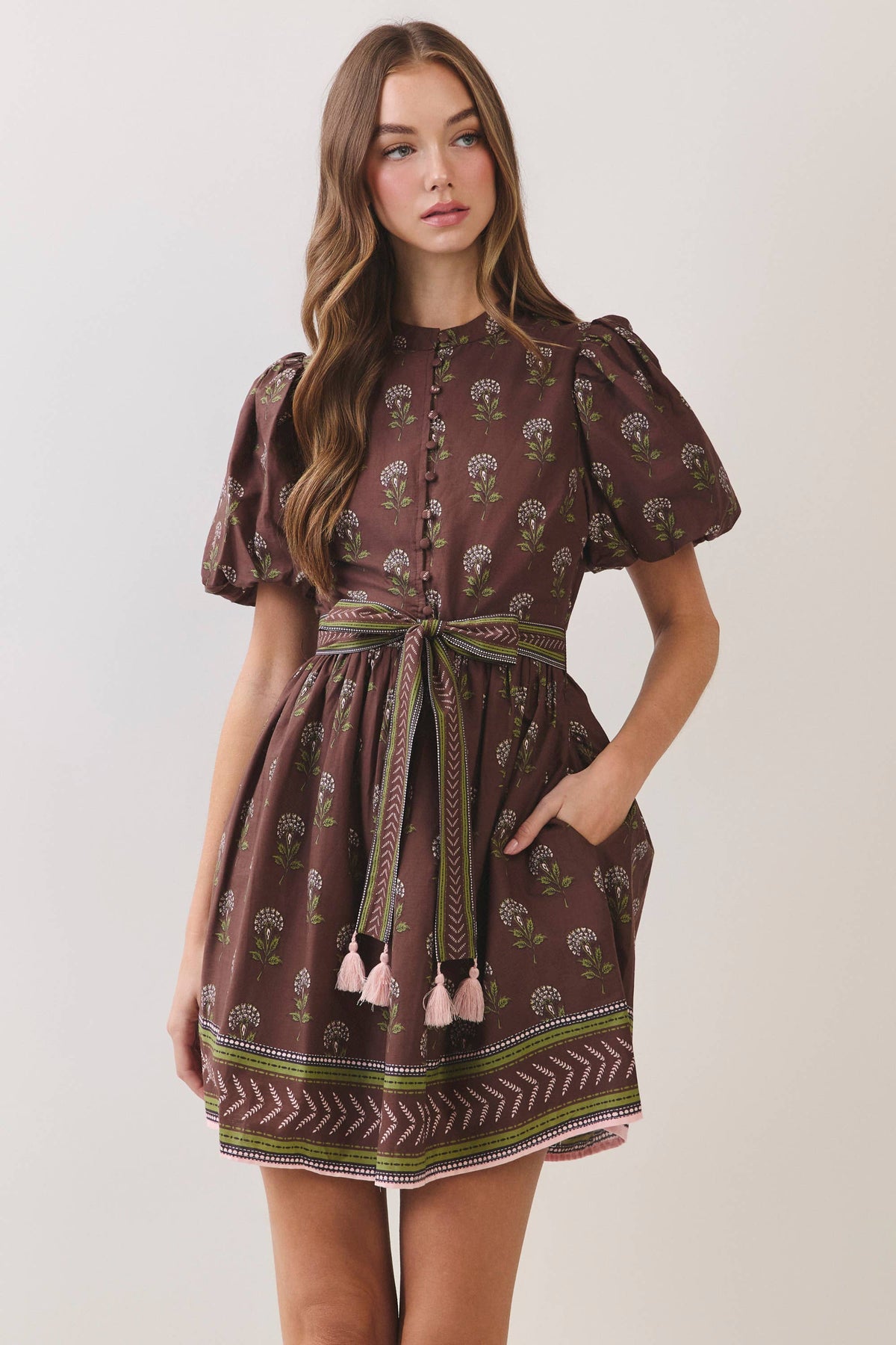 CD07464-Border Print Belted Mini Dress