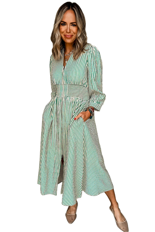 Green Striped V Neck Zip Front Cinched High Waist Midi Dress