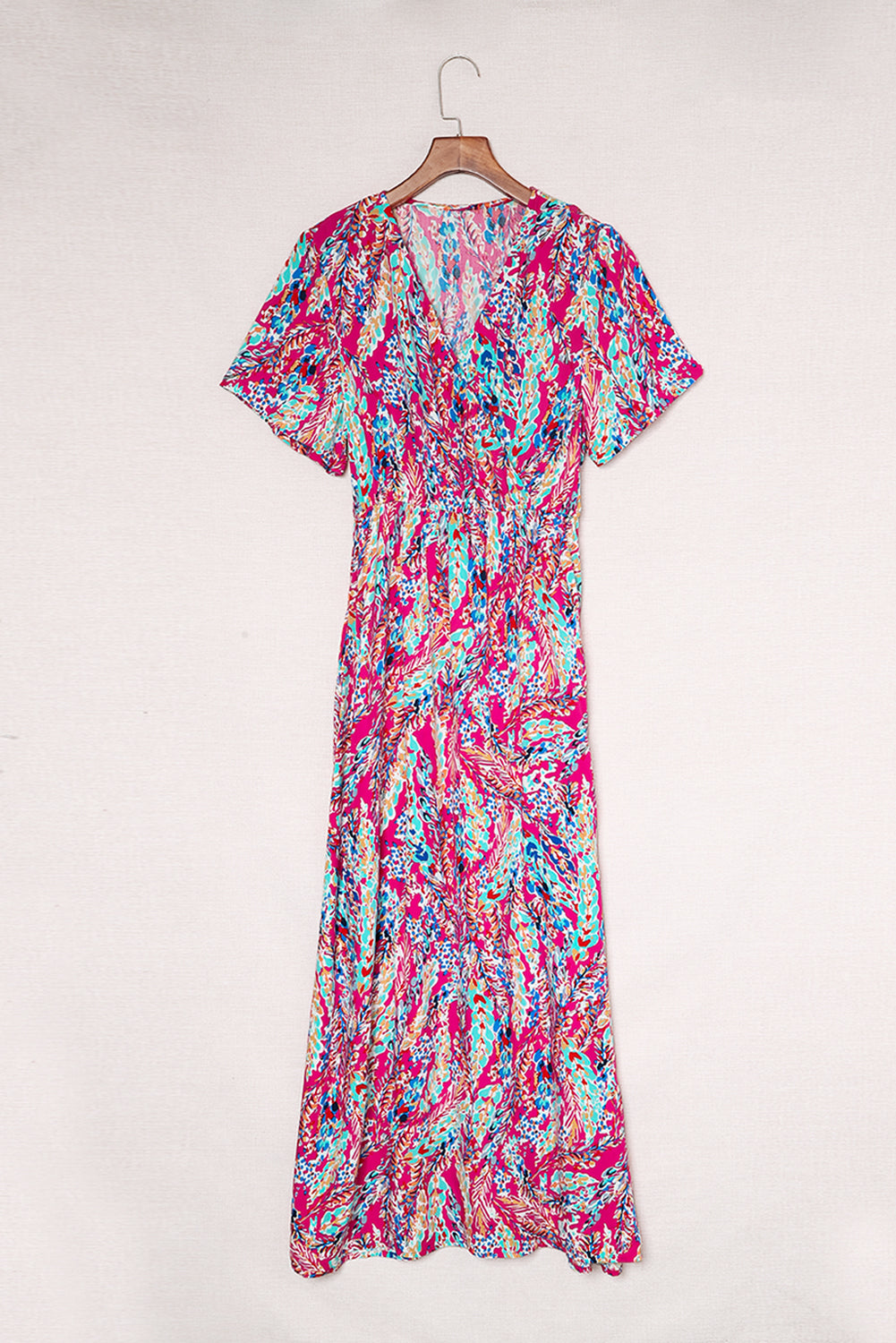 Rose Boho Abstract Print Wrap V Neck Short Sleeve Maxi Dress