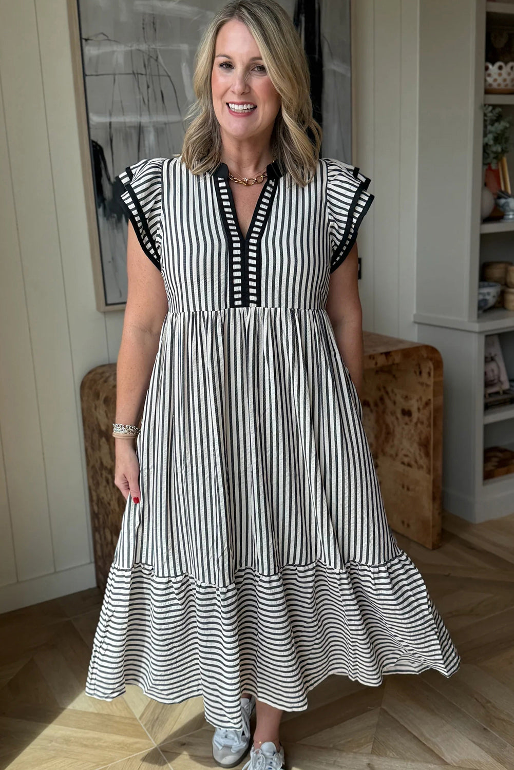 Green Stripe Double Ruffled Short Sleeve Contrast Trim V Neck Midi Dress