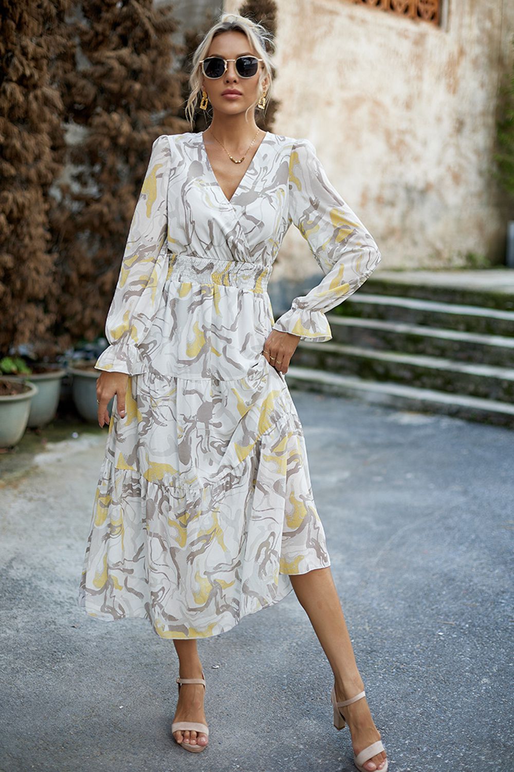 Printed Surplice Neck Flounce Sleeve Midi Dress