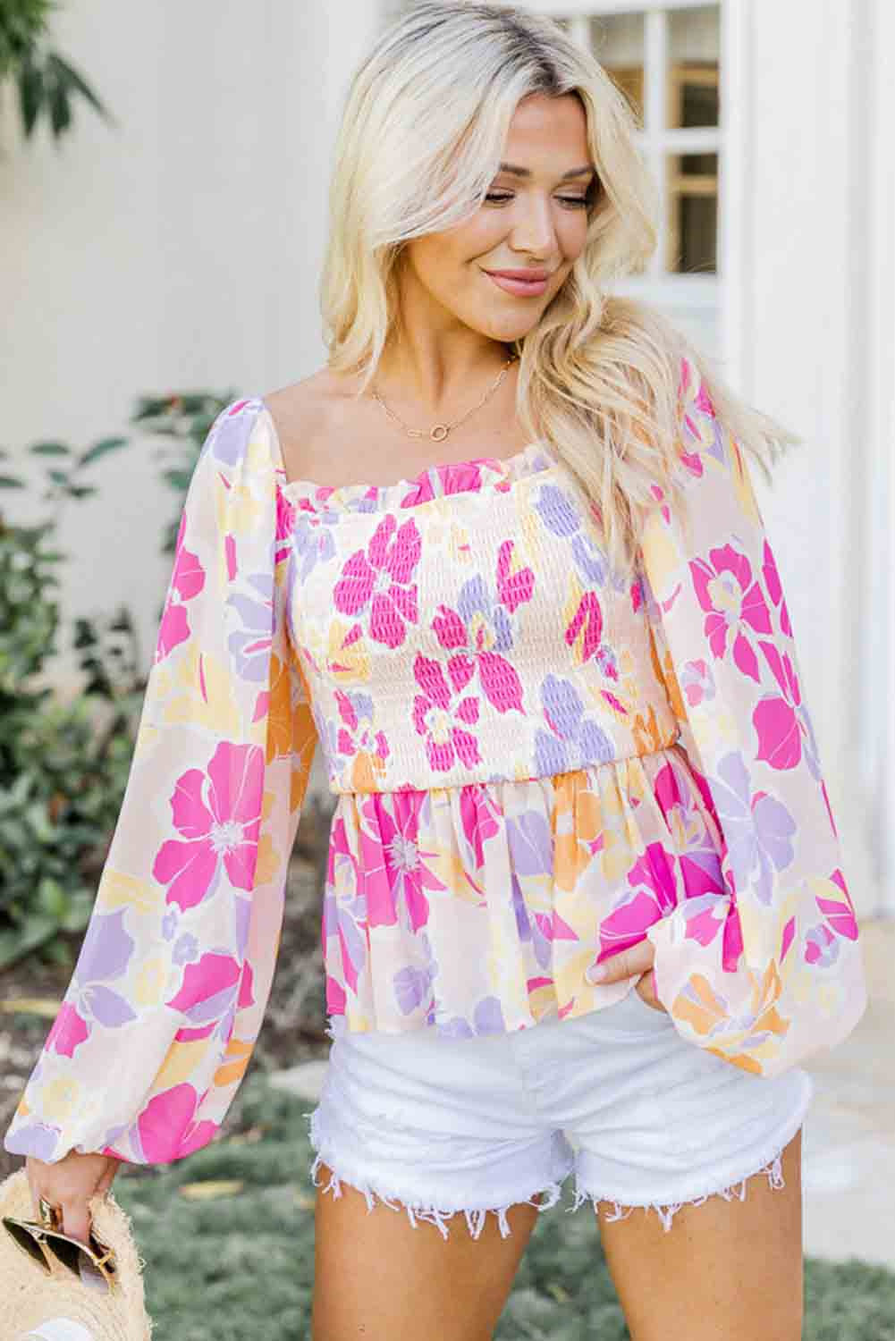 Pink Floral Print Smocked Square Neck Peplum Blouse