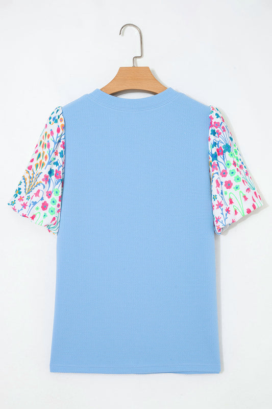 Light Blue Textured Bodice Contrast Floral Sleeve Plus Size Top