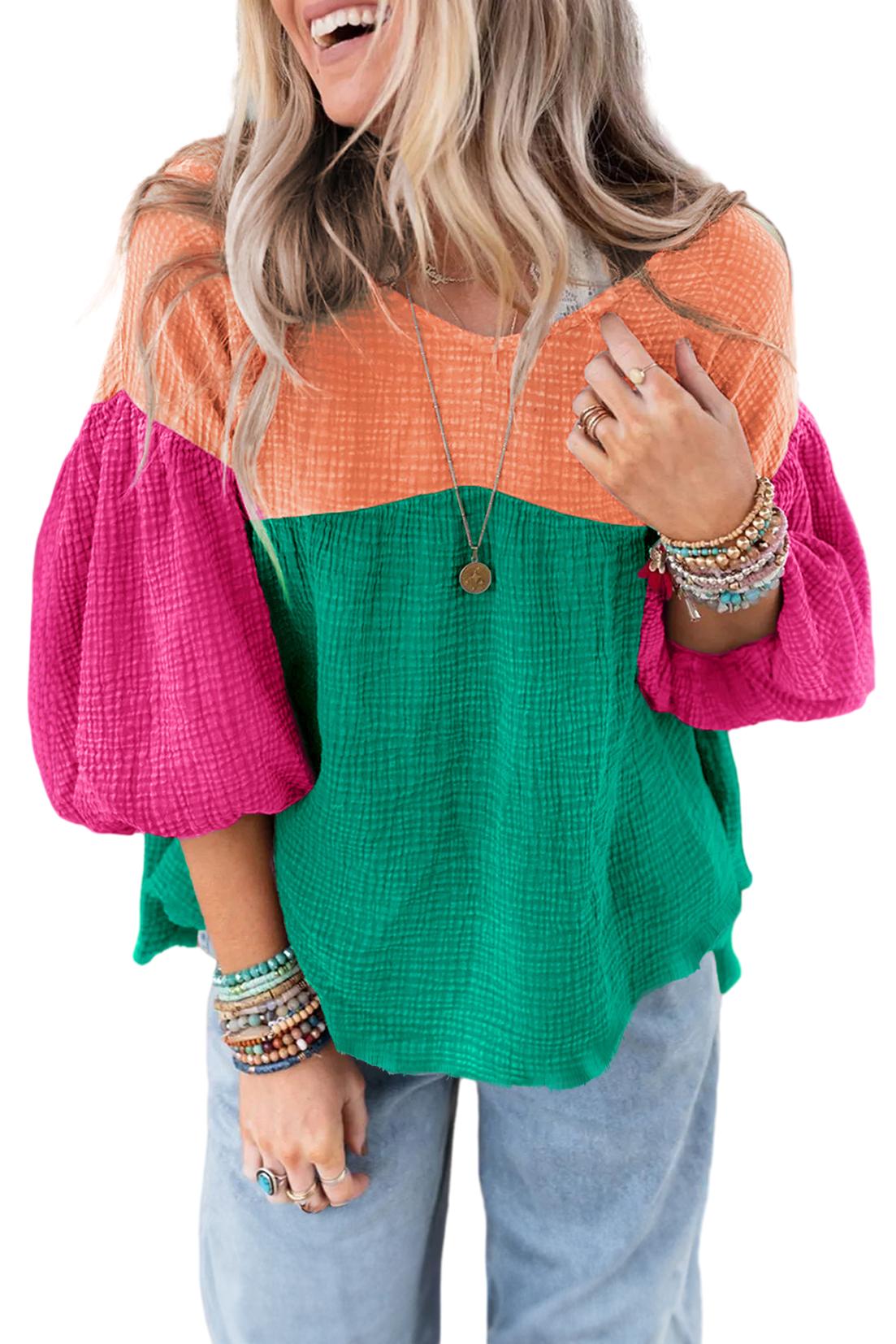 Multicolor Gauze Boho Top Lantern Sleeve Color Block Blouse