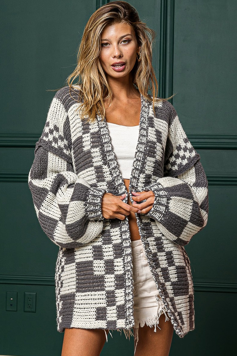 Orchid Petal Colorblock Checked Open Front Knitted Cardigan