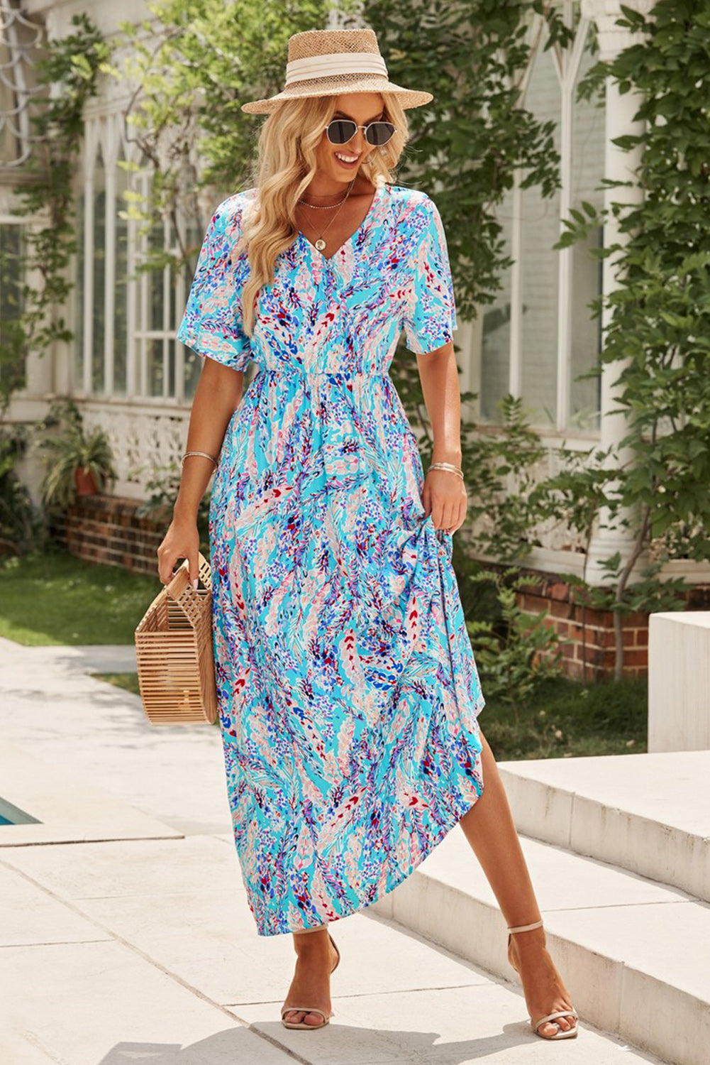 Rose Boho Abstract Print Wrap V Neck Short Sleeve Maxi Dress