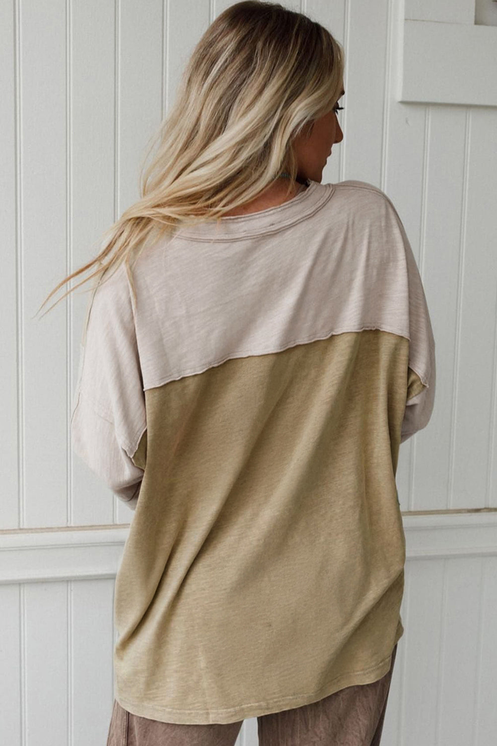 Green Flower Patched Exposed Seam 3/4 Sleeve top