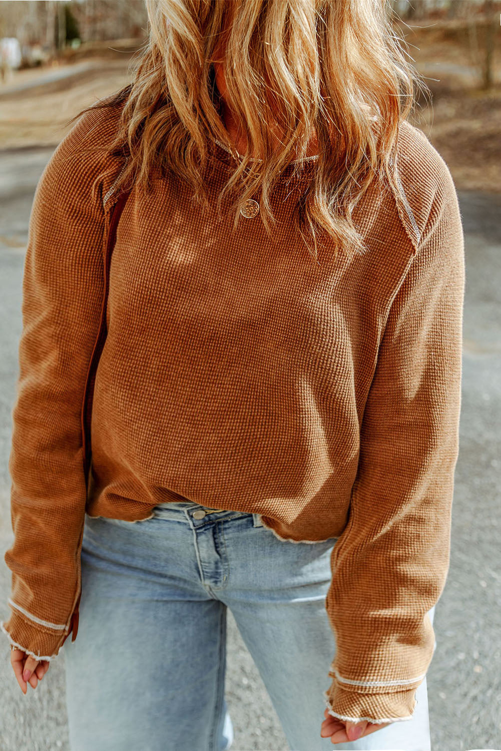 Blue Textured Round Neck Long Sleeve Top