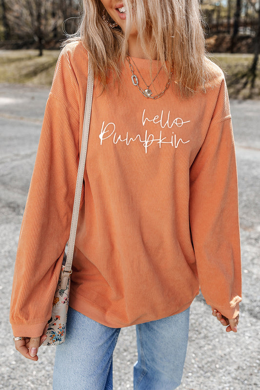 Orange hello pumpkin Letter Embroidered Ribbed Texture Baggy Sweatshirt