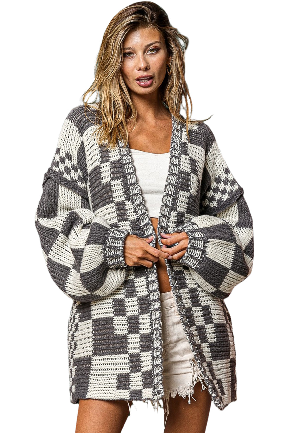Orchid Petal Colorblock Checked Open Front Knitted Cardigan