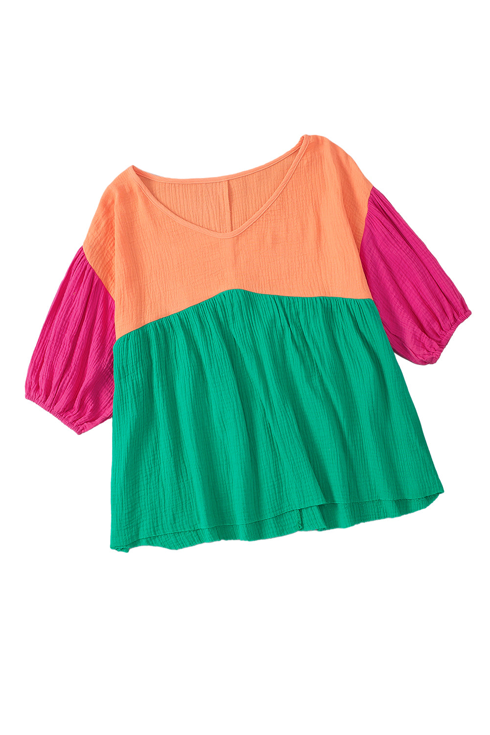 Multicolor Gauze Boho Top Lantern Sleeve Color Block Blouse