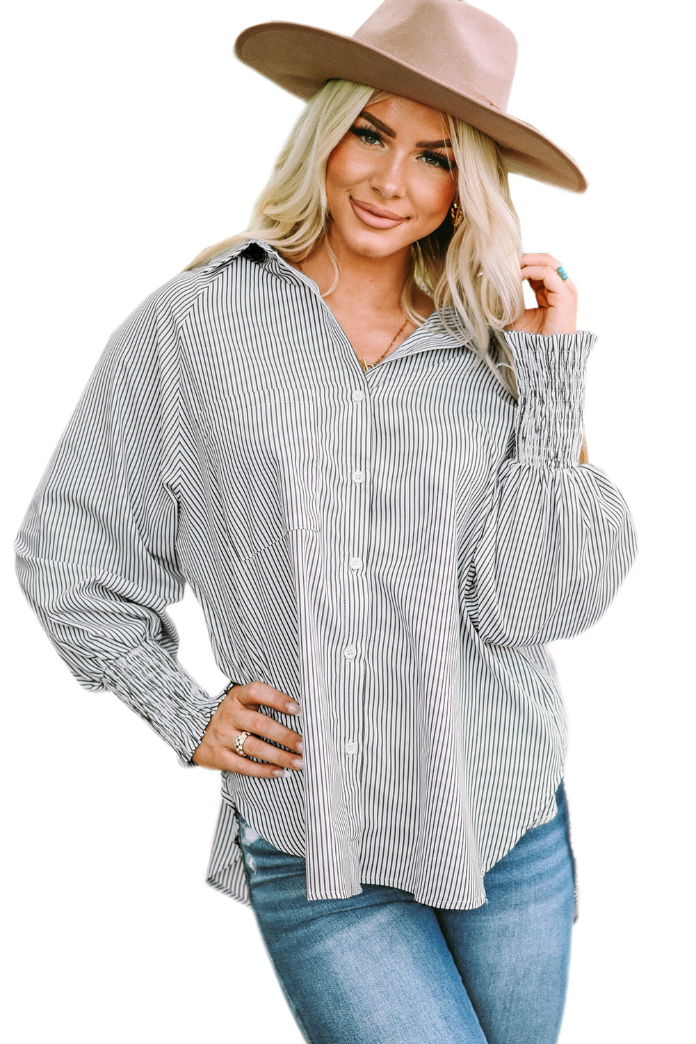 Light Blue Striped Casual Shirred Cuffs Shirt