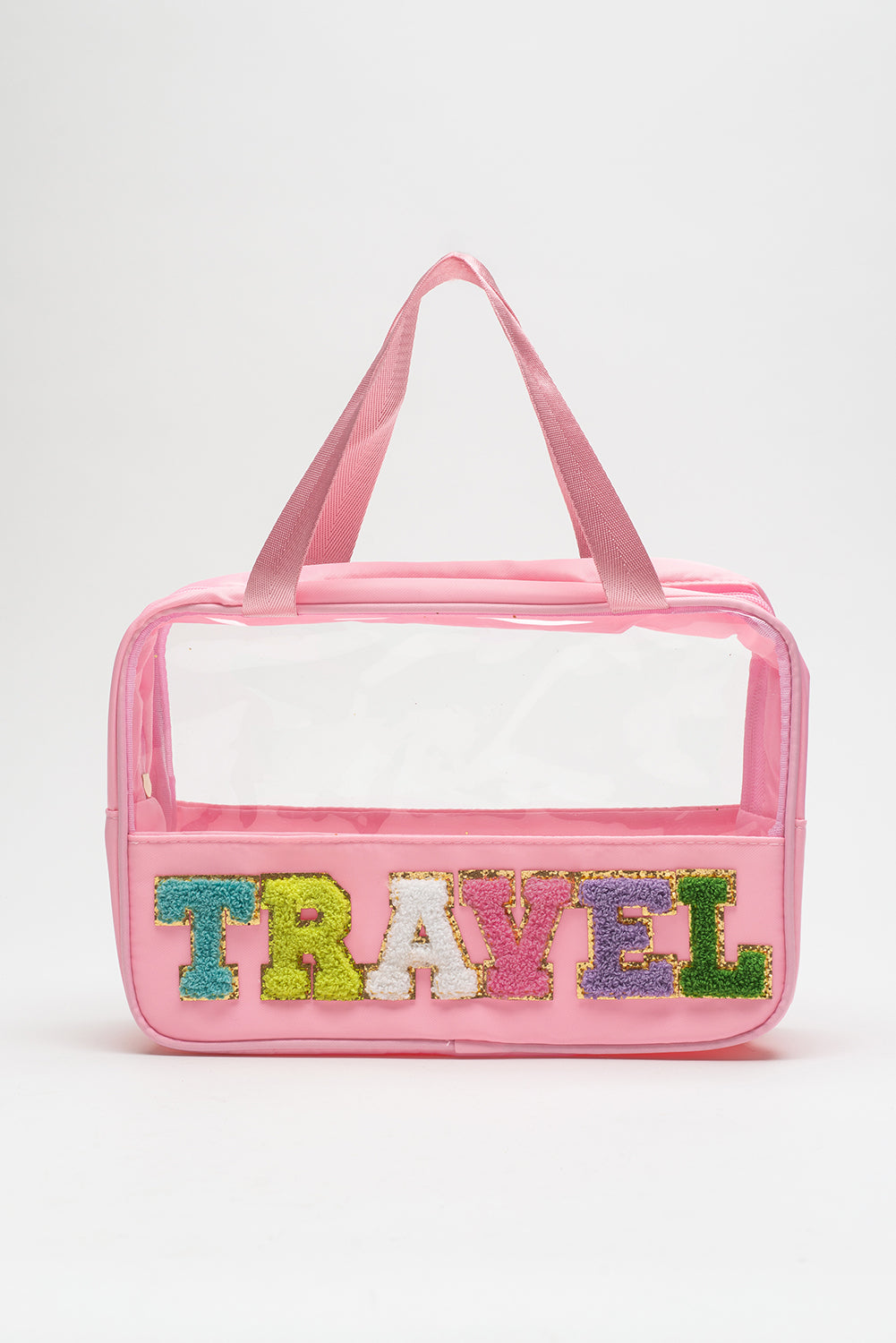 Purple TRAVEL Chenille Letter Clear PVC Makeup Bag