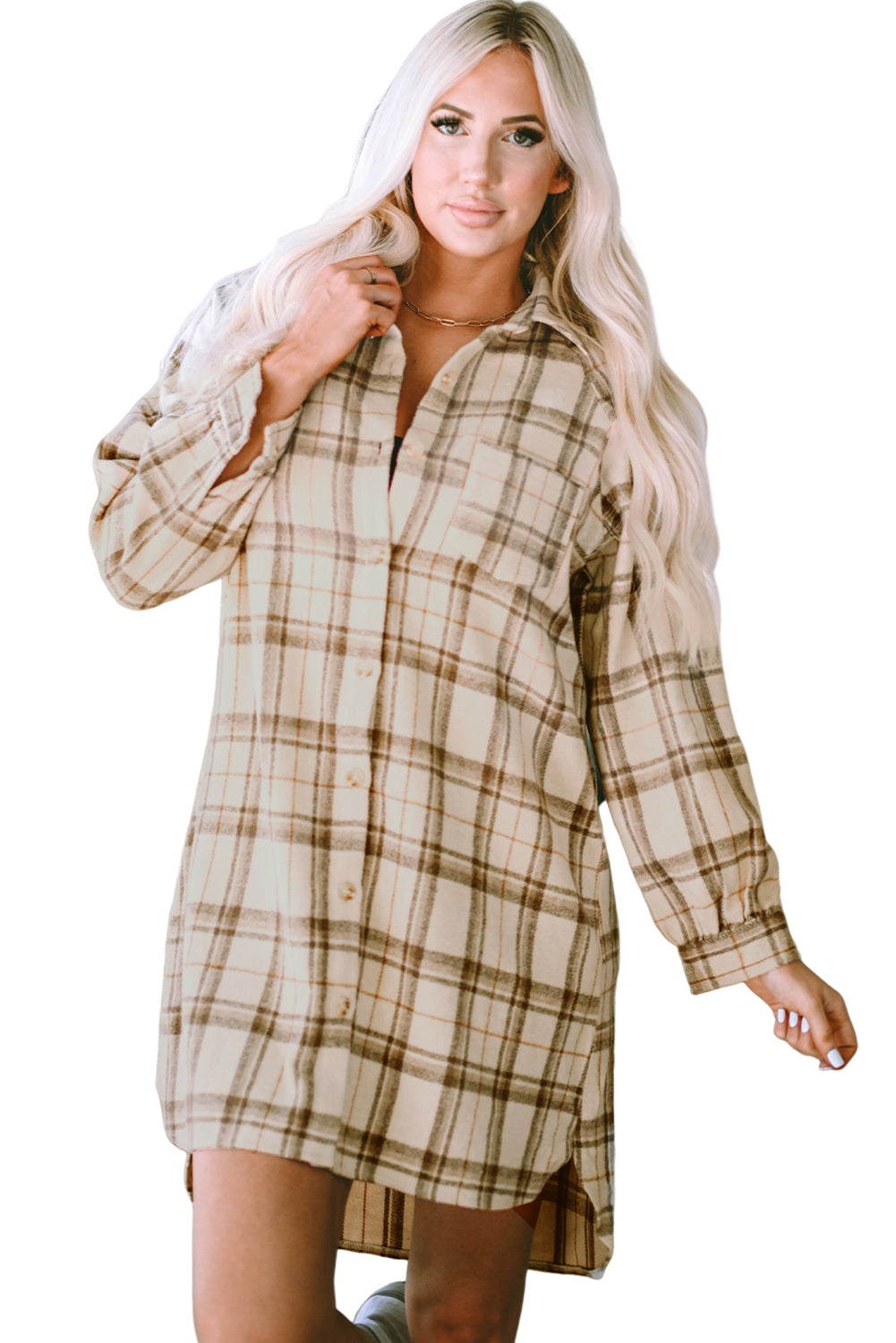 Khaki Plaid Pattern Collared Neck Ruffled Sleeve Shirt Dress