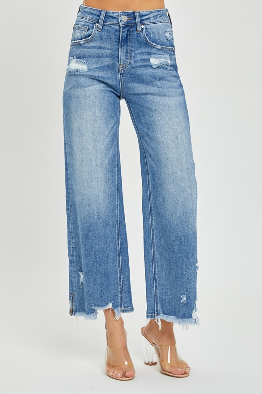 Risen High Rise Side Slit Raw Hem Cropped Jeans