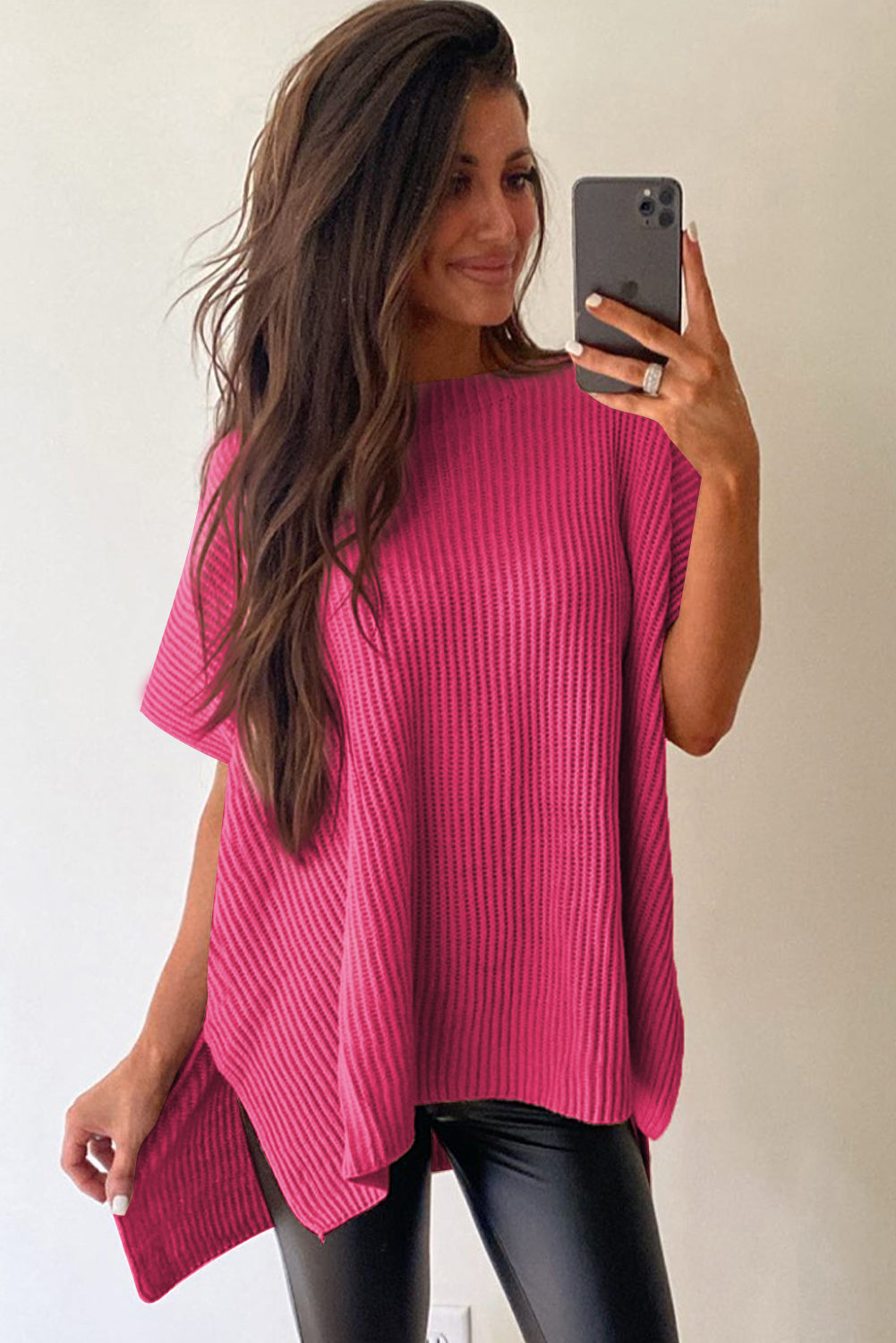 Rose Red Side Slit Short Sleeve Oversized Sweater