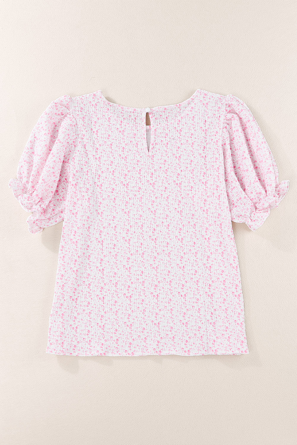 Pink Boho Floral Print Smocked Puff Sleeve Blouse