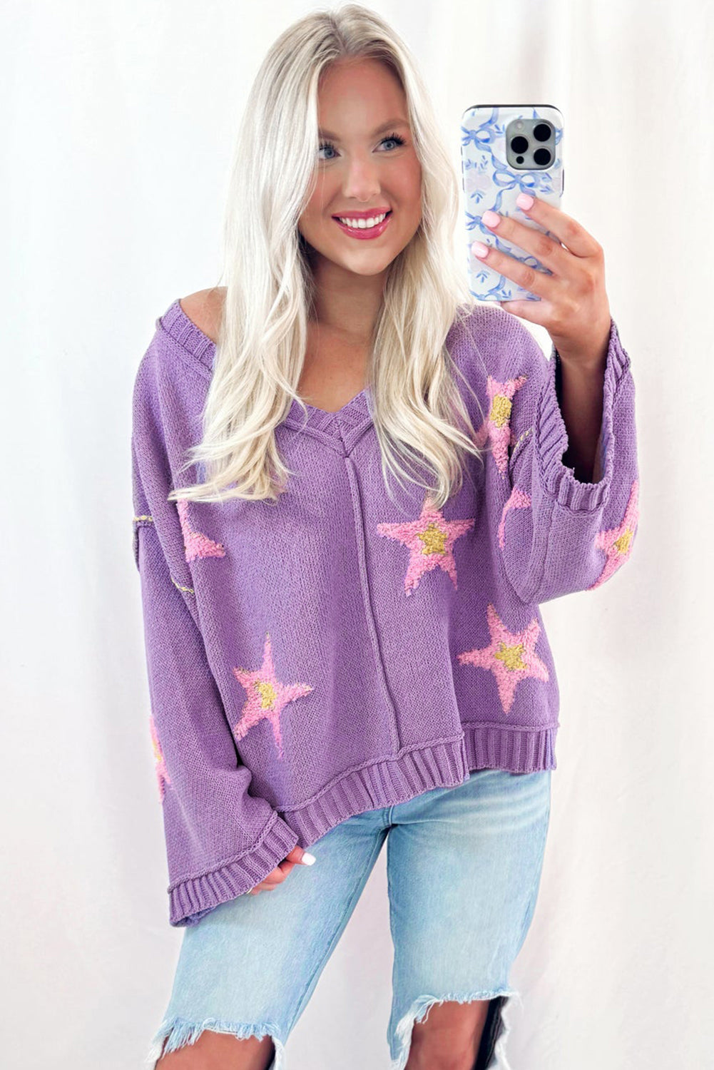 Lavender Brushed Star Graphic V Neck Drop Shoulder Oversize Sweater