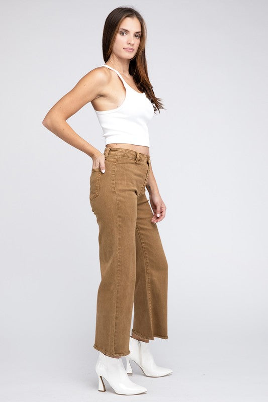 Acid Wash Frayed Cutoff Hem Straight Wide Pants Zenana