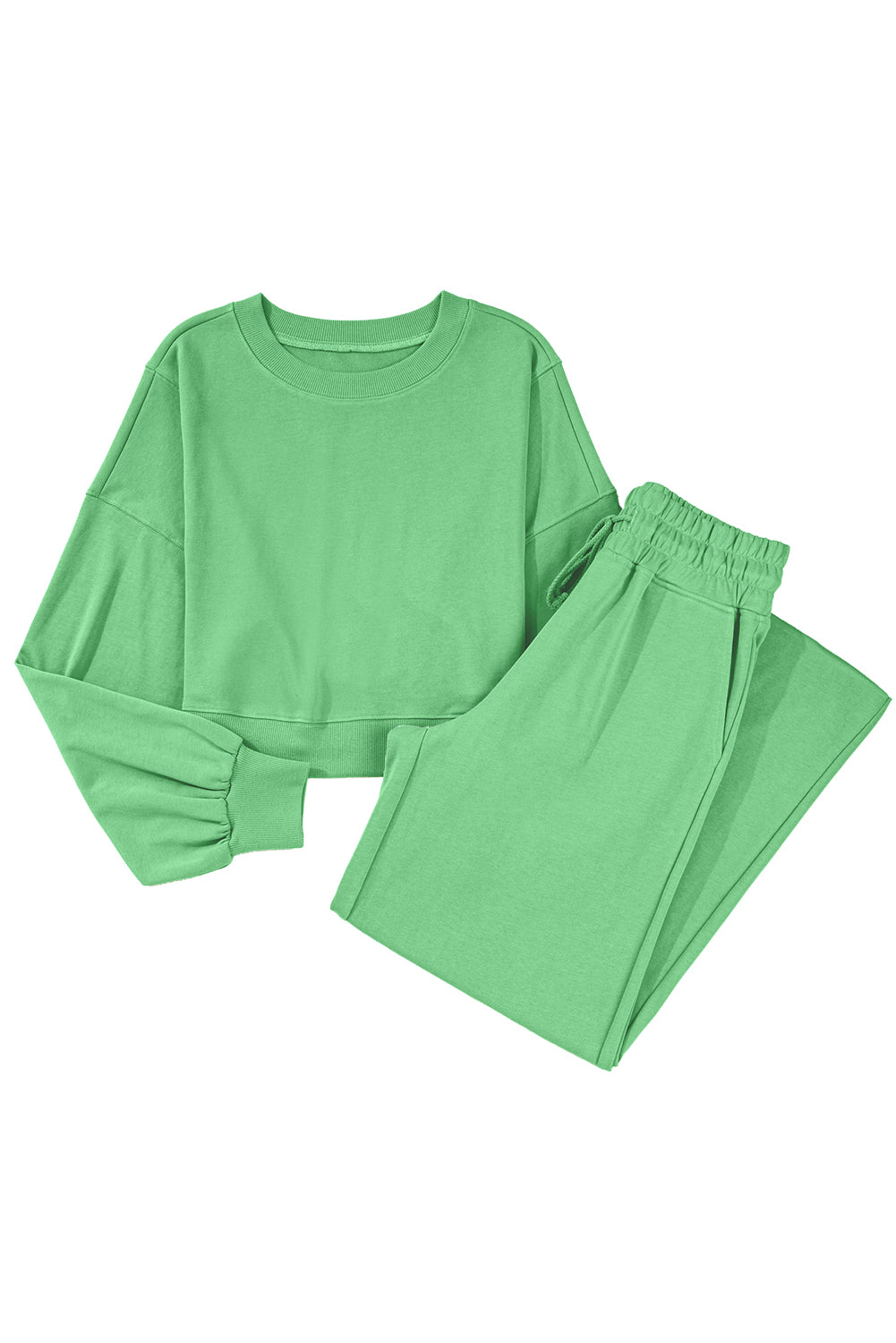 Mist Blue Drop Shoulder Crop Pullover Drawstring Wide Leg Pants Set