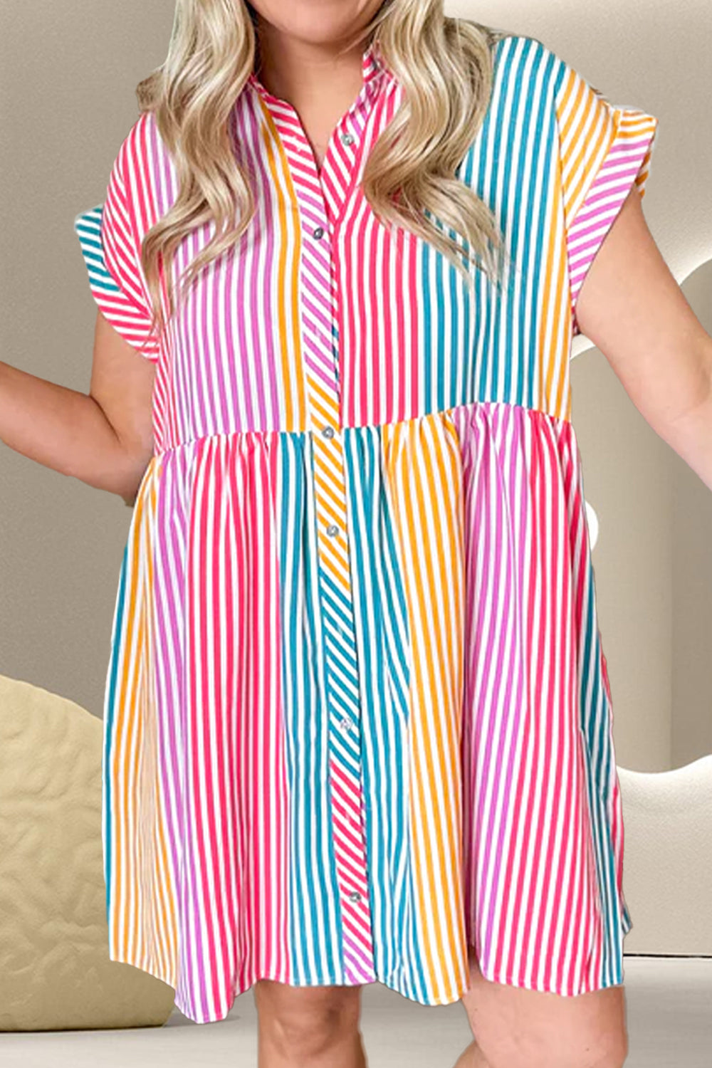 Striped Collared Neck Cap Sleeve Mini Dress