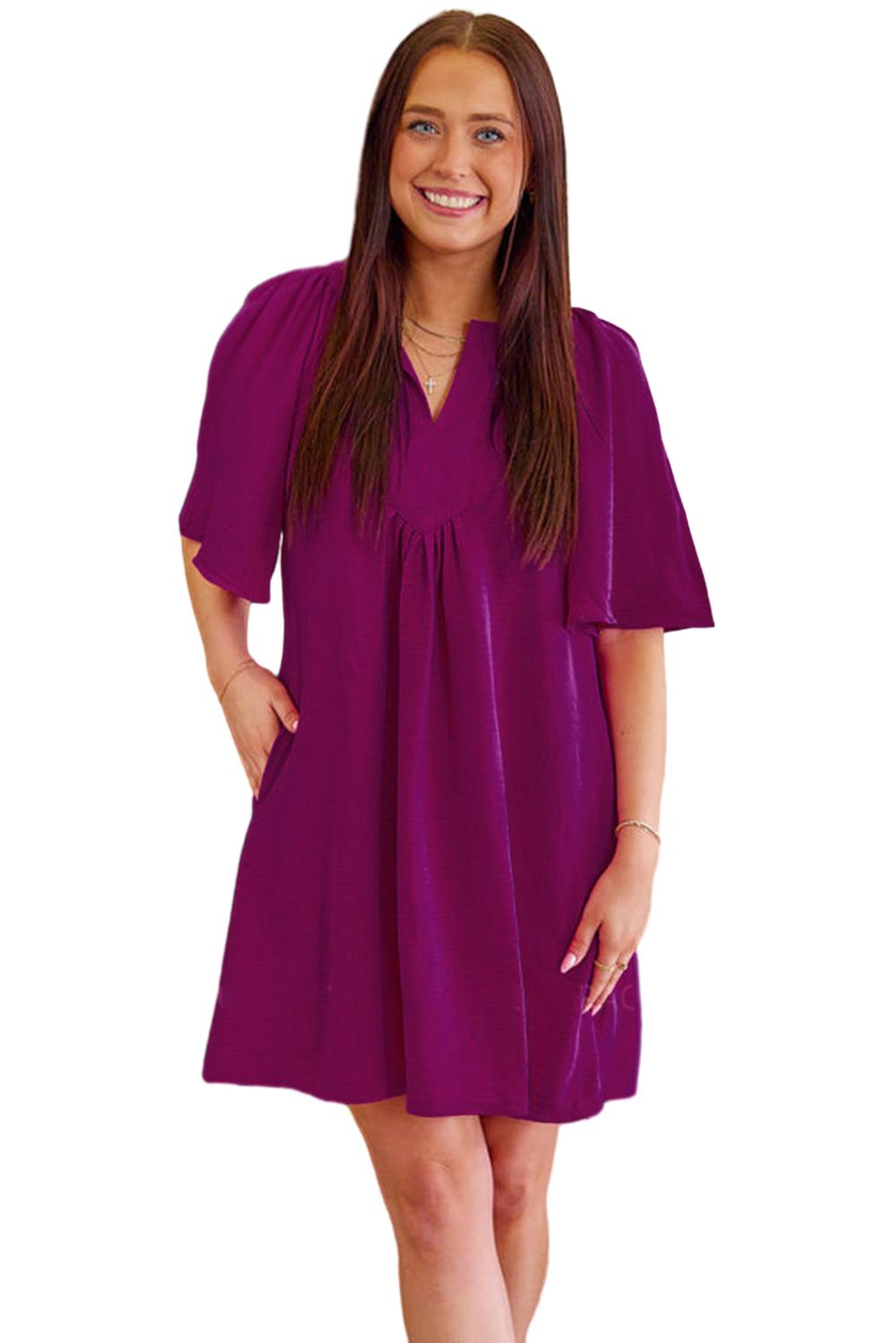 Rose Red Notched Neck Wide Sleeve Pleated Plus Size Dress