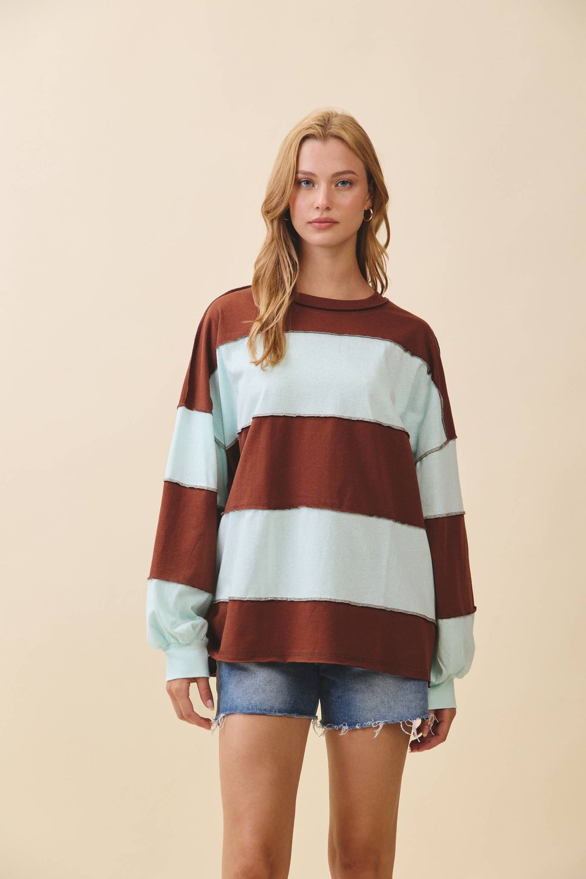 8551GN Oversized Color Block Long Sleeve Pullover