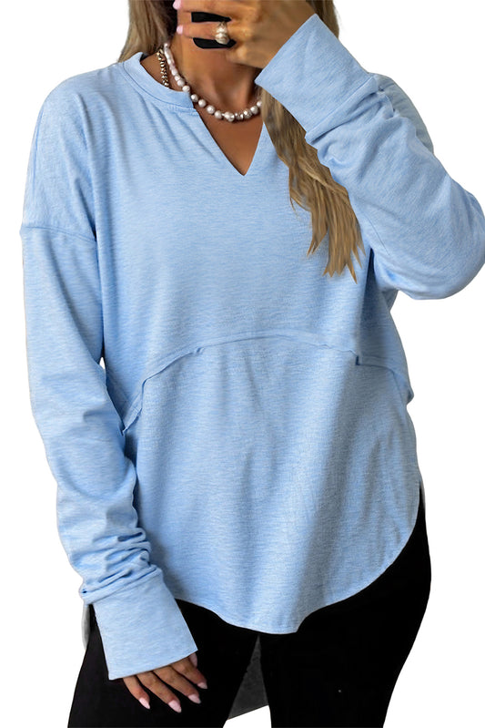 Myosotis Notched Neck Terry Raw Hem Long Sleeve Top