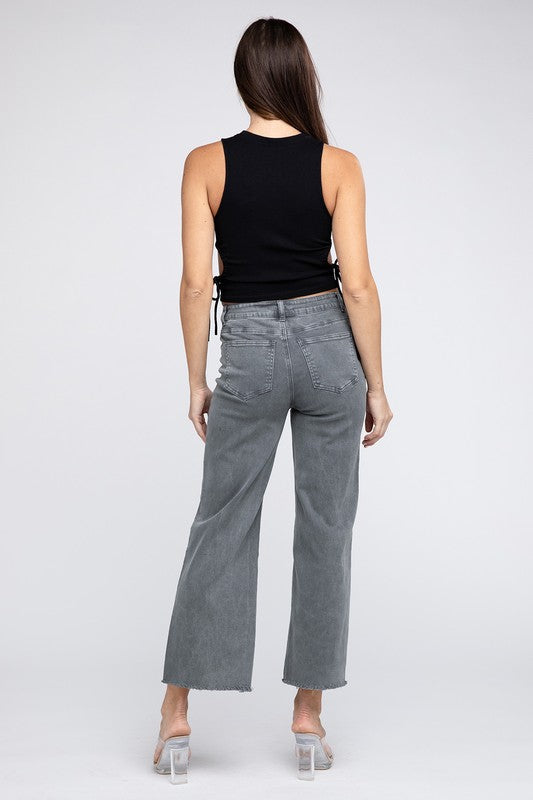 Acid Wash Frayed Cutoff Hem Straight Wide Pants Zenana