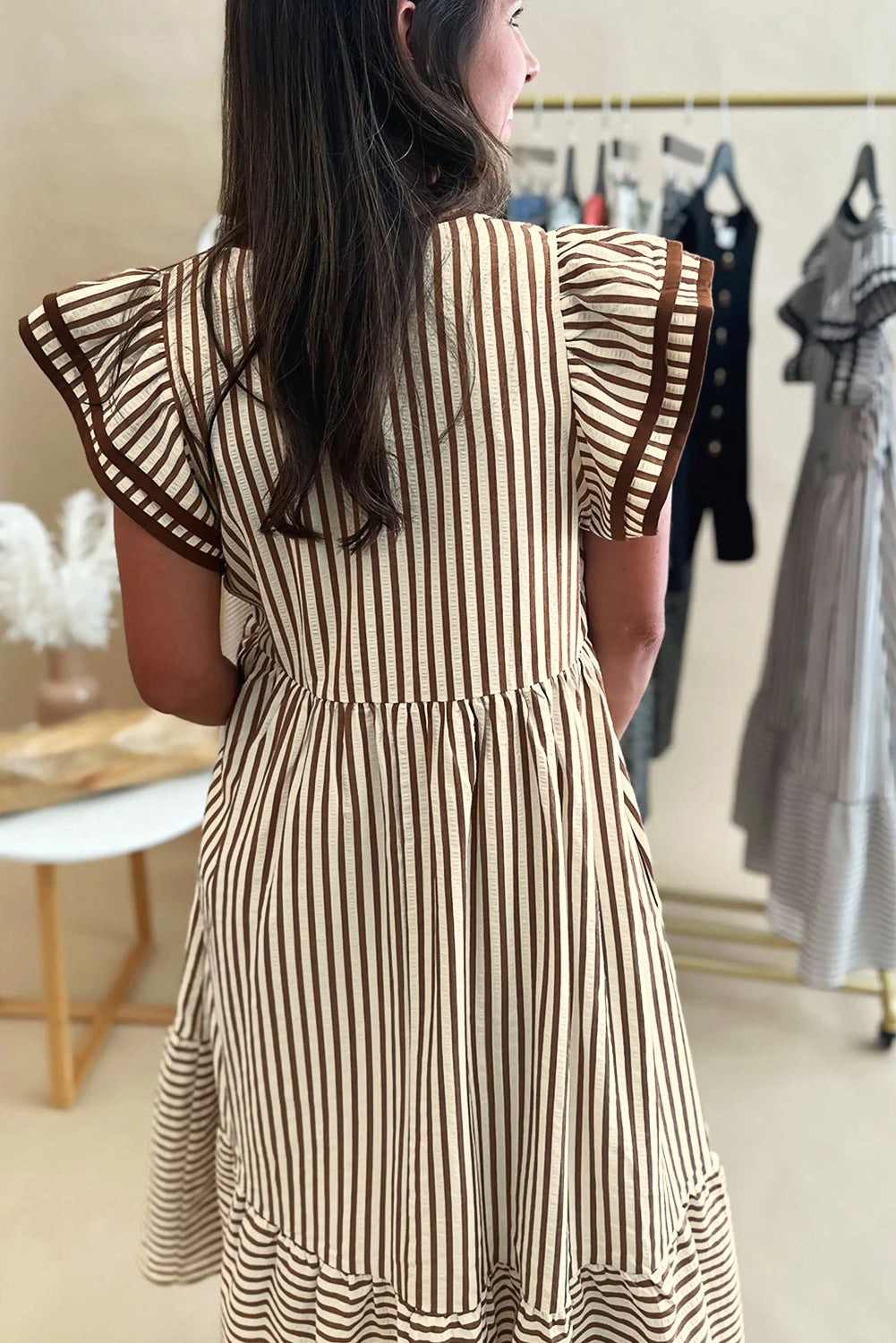 Green Stripe Double Ruffled Short Sleeve Contrast Trim V Neck Midi Dress