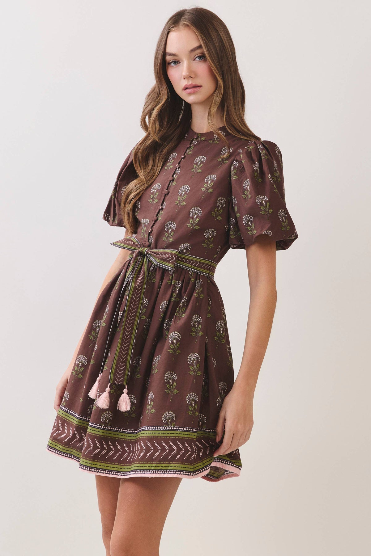 CD07464-Border Print Belted Mini Dress