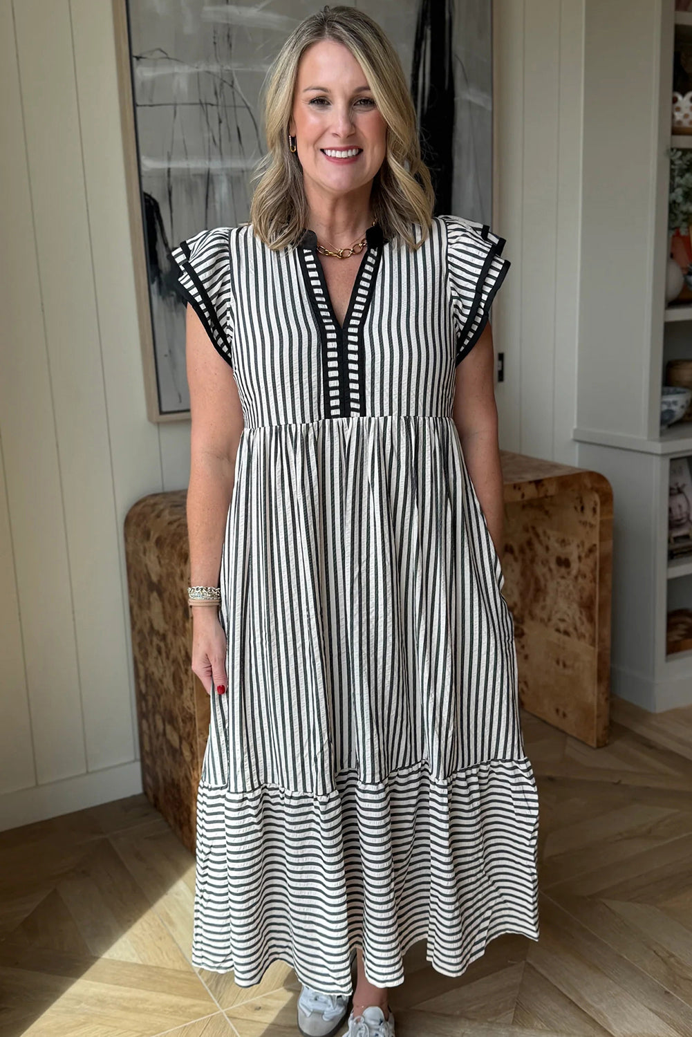 Green Stripe Double Ruffled Short Sleeve Contrast Trim V Neck Midi Dress