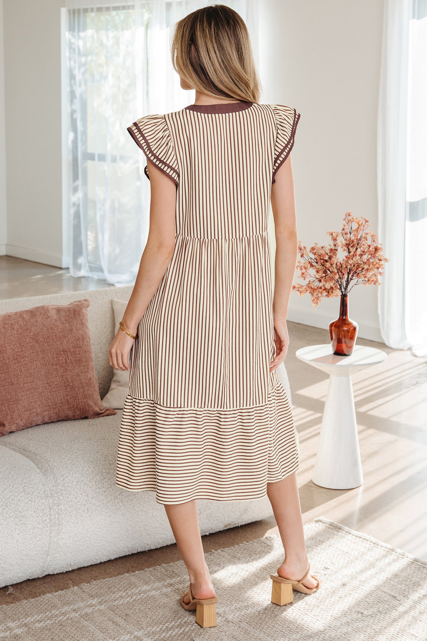 Green Stripe Double Ruffled Short Sleeve Contrast Trim V Neck Midi Dress